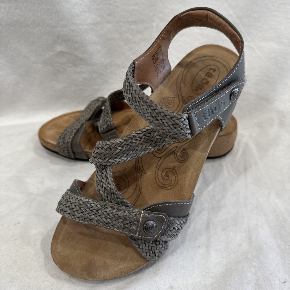 Taos Trulie Sandals Women 7-7.5 Grey Leather Braided Strappy Cork Wedge Spain